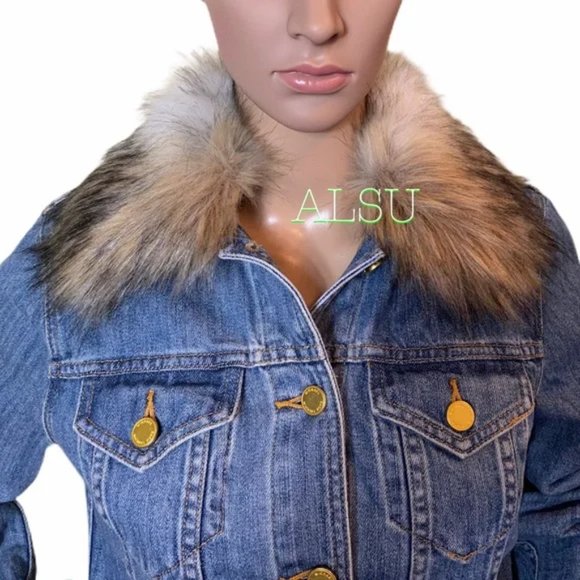 💖MEGA SALE💖💥 Faux Fur Denim Jacket Collar LightInd JF91EU3N37 - Picture 3 of 8